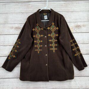 Bob‎ Mackie Wearable Art Embroidered Fleece Jacket Women's XL Brown